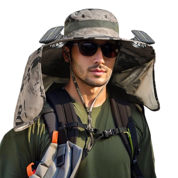 Sombrero de pesca grande con protección solar y doble ventilador solar | Batería recargable USB de 800 mAh | Ala ancha 12cm | Malla transpirable | Ajuste ajustable 22-24" | Senderismo al aire libre