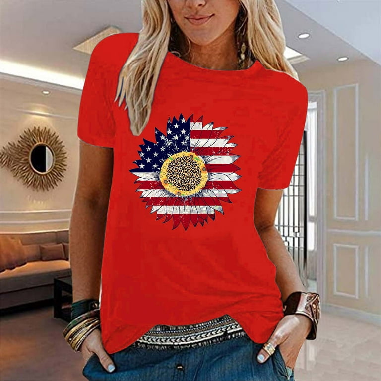SZXZYGS Women's T Shirts Loose Fit Cotton Women's Casual Independent Sun  Sunflower Print T Shirt Short Sleeve Shirt Loose Top
