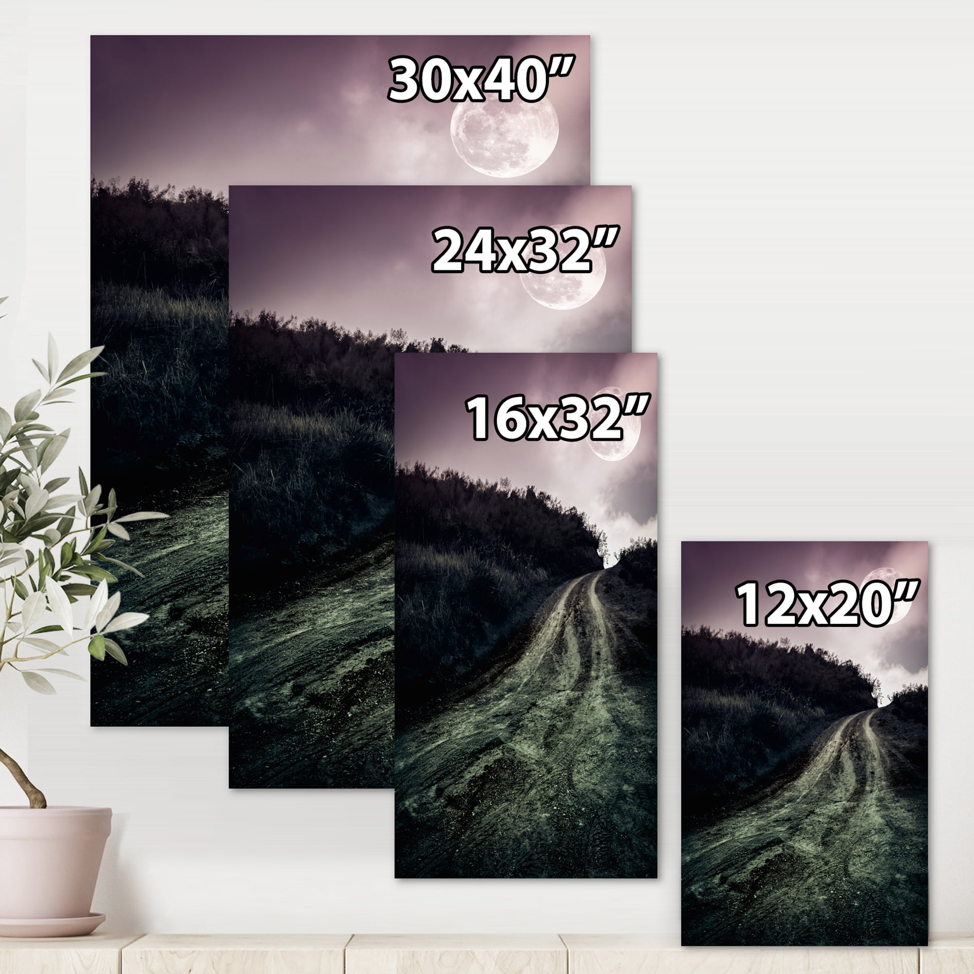 Designart ' Countryside Muddy Road Under Full Moon ' Modern Canvas Wall Art Print