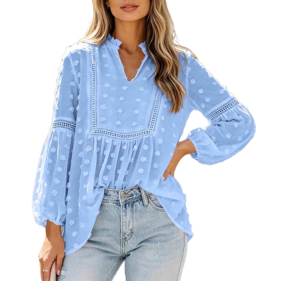APEXFWDT Boho Tops for Women Puff Long Sleeve Flowy Blouses V Neck Swiss Dot Dressy Casual Shirts Trendy Outfits,S,Blue