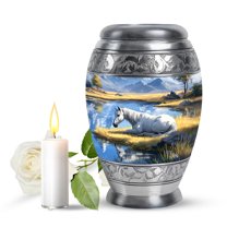 JAGASY Horse Memorial Urn for Ashes Adult Male, Blue Keepsake Small Urns for Human Ashes, Mountain Trees Decorative Urns for Daughter, White Horse Mini Cremation Urn for Son, (3 Inch)