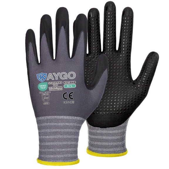 KAYGO Work Gloves Micro Dots MicroFoam Nitrile Coated, 3 Pairs, Seamless Knit Nylon with Enhanced Grip, Ideal for Automotive, General Assembly, Painting