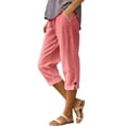 thumbnail image 3 of Shadoumai Capri Pants for Women Summer Casual Cropped Linen Pants Pull on Elastic Waist Side Pockets Bottoms Button Hem Trousers, 3 of 6