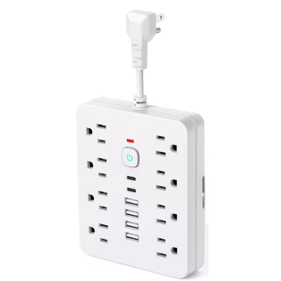 14-in-1 Power Strip Surge Protector with 8 AC Outlets, 4 USB & 2 Type-C Ports, Flat Plug Extension Cord for Home and Office, White