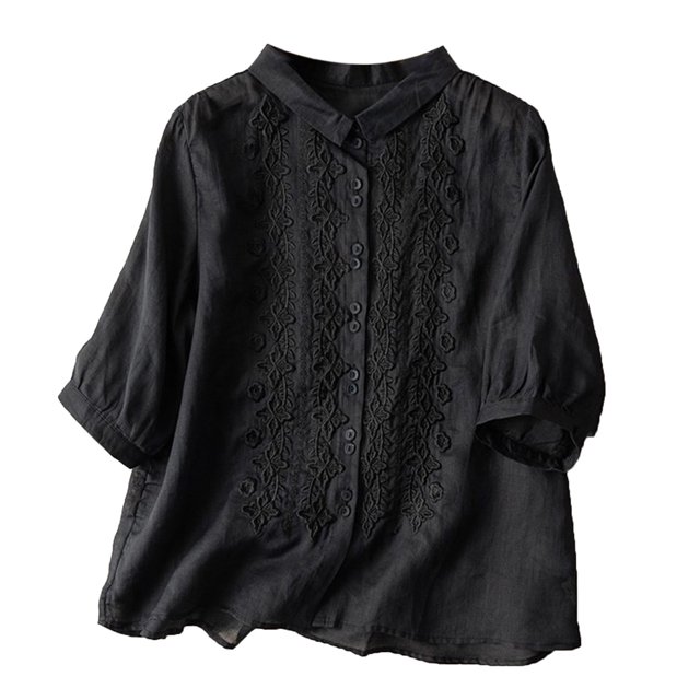 Womens T Shirts Tops Dressy Casual Blouses Spring Summer Loose 3/4 Sleeve Embroidered Round Neck Solid Color Loose Fit Linen Tops Teens