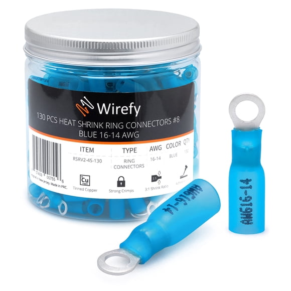 Wirefy 130 terminales de anillo termorretráctiles #8 - Conectores de anillo resistentes - Conectores de cable con ojales - Azul 16-14 AWG