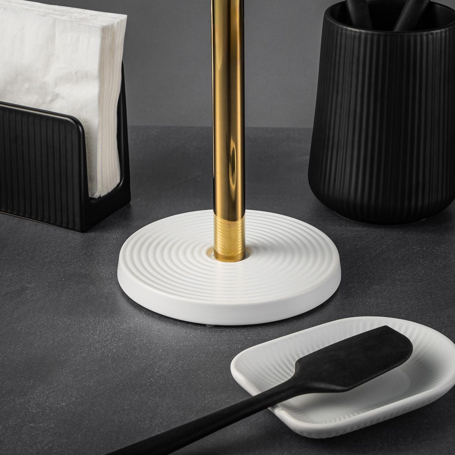 Thyme and Table, Paper Towel Holder with Ribbed Ceramic Base, White and Gold, Paper Towel Holder