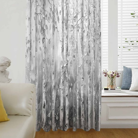 Grey Forest Semi Sheer Curtains Drapes for Living Room, Bedroom, French Doors Window 72 Inches Long, Modern Oil Painting Art Rod Pocket Chiffon Curtain Drapery Voile Draperies Panel