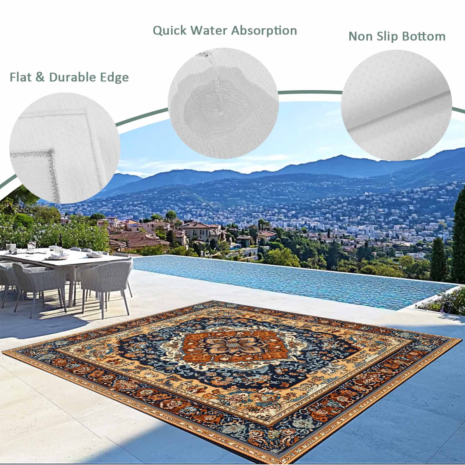 Fsddascl Blue Burnt Orange Boho Outdoor Rug for Patio/Deck/Porch, Non-Slip Large Area Rug 5 x 8 Ft, Traditional Ethnic Southwestern Indoor Outdoor Rugs Washable Area Rugs, Camping Rug Carpet