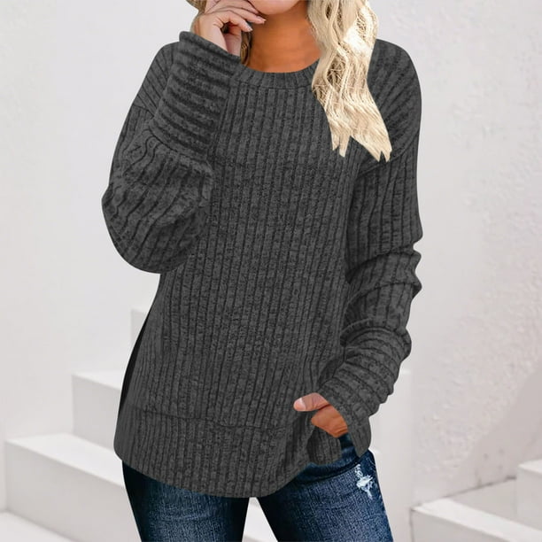 HongQid Long Sleeve Shirts for Women Tunic Trendy Casual Round Neck Tops Lightweight Sweaters