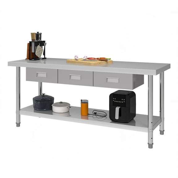 ModFusion 72x24-Inch Stainless Steel Kitchen Table with 3 Drawers, Adjustable Height Shelf, Heavy-Duty Prep Table, Kitchen Workbench, Restaurant Commercial Use, Pantry Storage