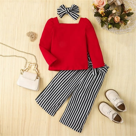

NIUREDLTD Kids Toddler Baby Girls Long Sleeve Solid T Shirt Tops Striped Trousers Pants With Headbands Outfit Set 3PCS