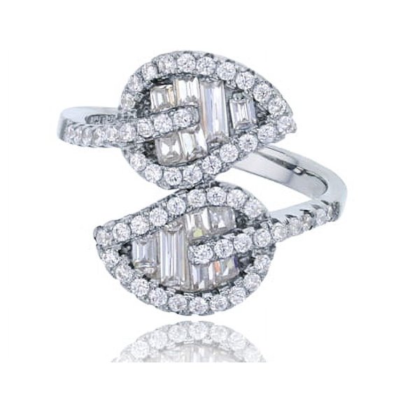 Decadence Sterling Silver Rhodium Micropave Round and Baguette Double Leaf Fashion Ring