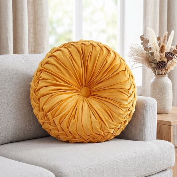 1-Pack Round Velvet Pleated Throw Pillow – Decorative Pumpkin Boho Accent Cushion for Couch, Sofa, Chair & Home Decor (Yellow)