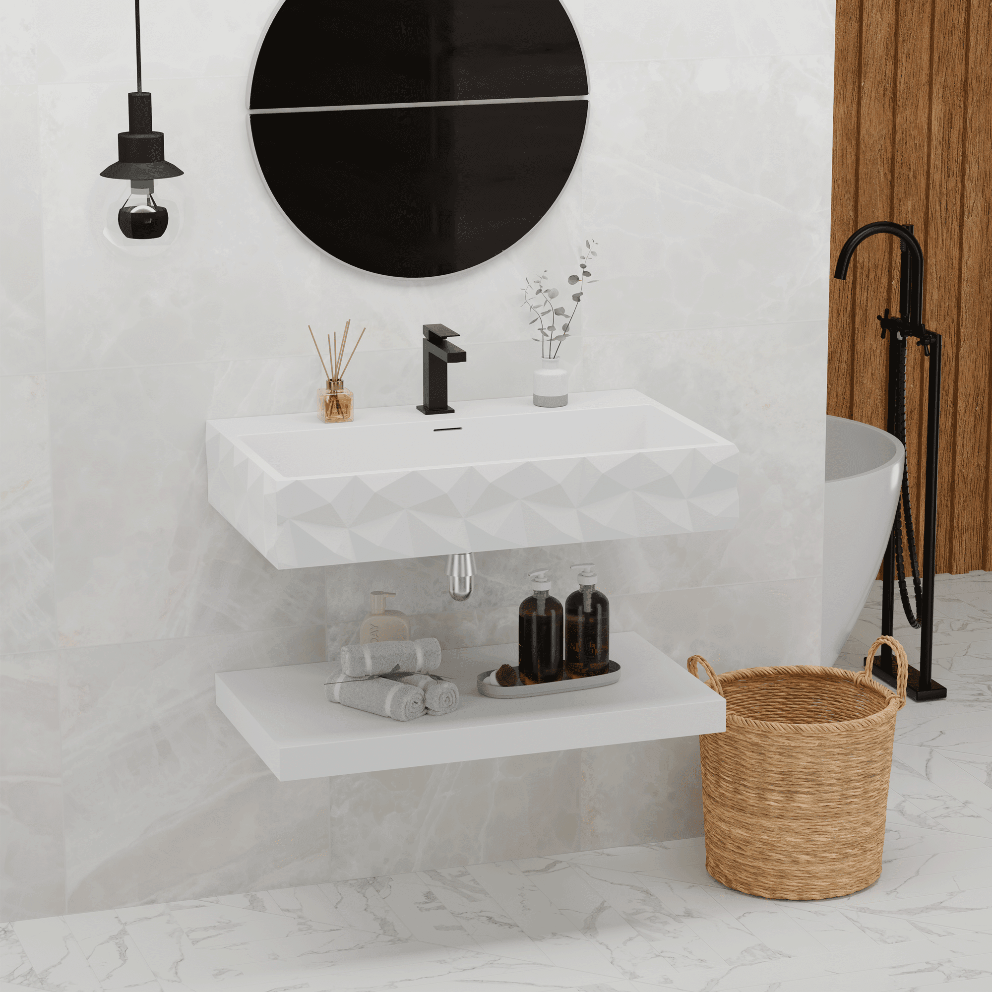 GESIPOR 32"x19" Wall-Mount Stone Resin Bathroom Vessel Sink Rectangular for Bathroom Floating Vanity with Sink Modern Art Basin with Shelf Layer