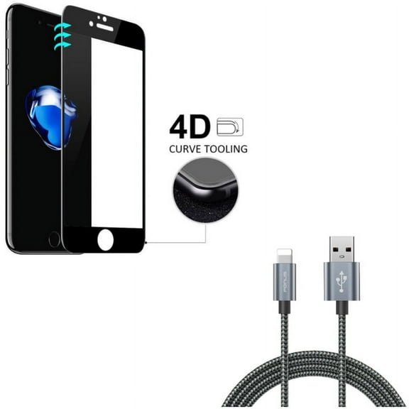 iPhone 7/8 PLUS 10ft USB Cable w Screen Protector - Charger Cord Power Wire Braided, Tempered Glass 4D Touch Curved Edge Full Cover for iPhone 8 PLUS/7 Plus