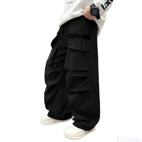 Fozruso Boys Casual Straight Leg Pants Fashion Wide Trousers Comfortable Streetwear Kid's School Pants for Boys Sizes 5-6 Years(Black)