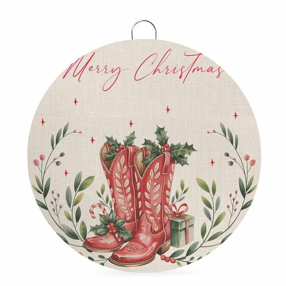 Welcome Sign for Front Door, Christmas Round Metal Wall Art Wreaths, Farmhouse Vintage Red Boots Berry Leaves Outdoor Indoor Wall Hanging Sign for Porch Decor Housewarming Gifts 5.9 Inch