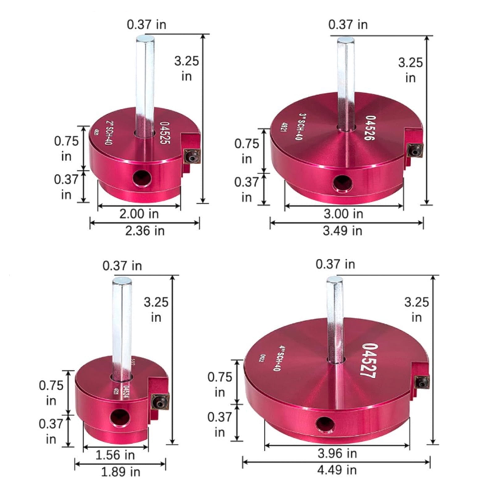 4 Piece Plastic Pipe Fitting Reamer Kit for 1/2" Drill, Includes 1.5", 2", 3", 4" Reamers, Carbide Cutting Inserts, For PVC, CPVC, ABS Pipe Fittings