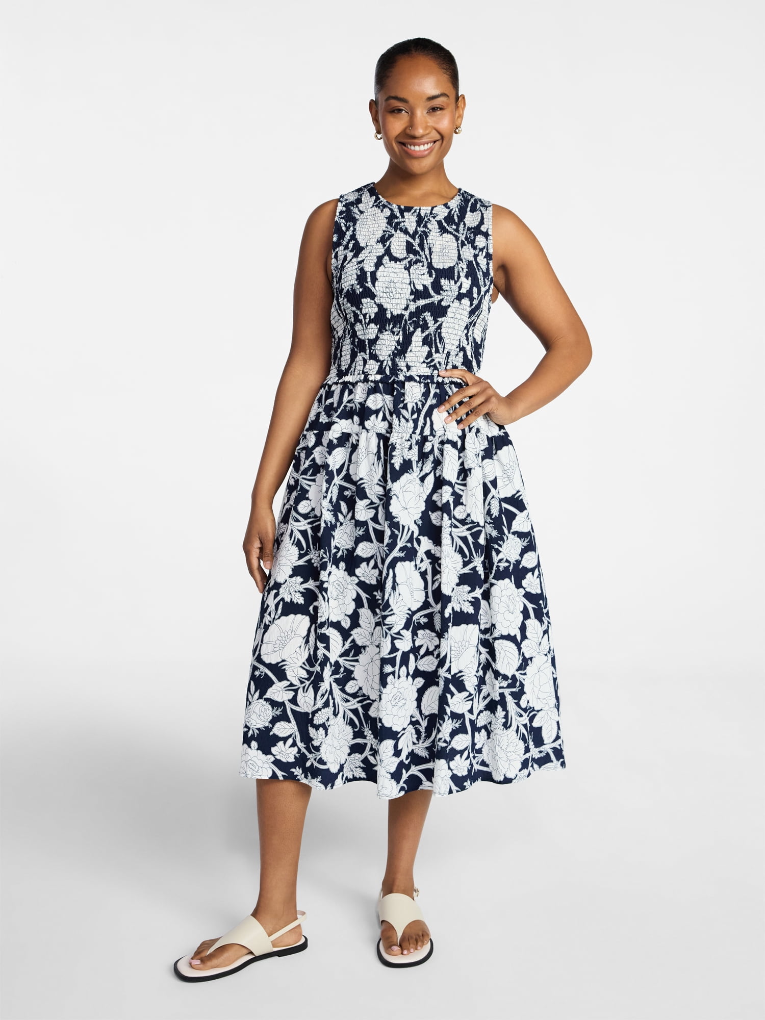 Time and Tru Women's Tiered Skirt Ruffle Smocked Midi Dress, Sizes XS-4X