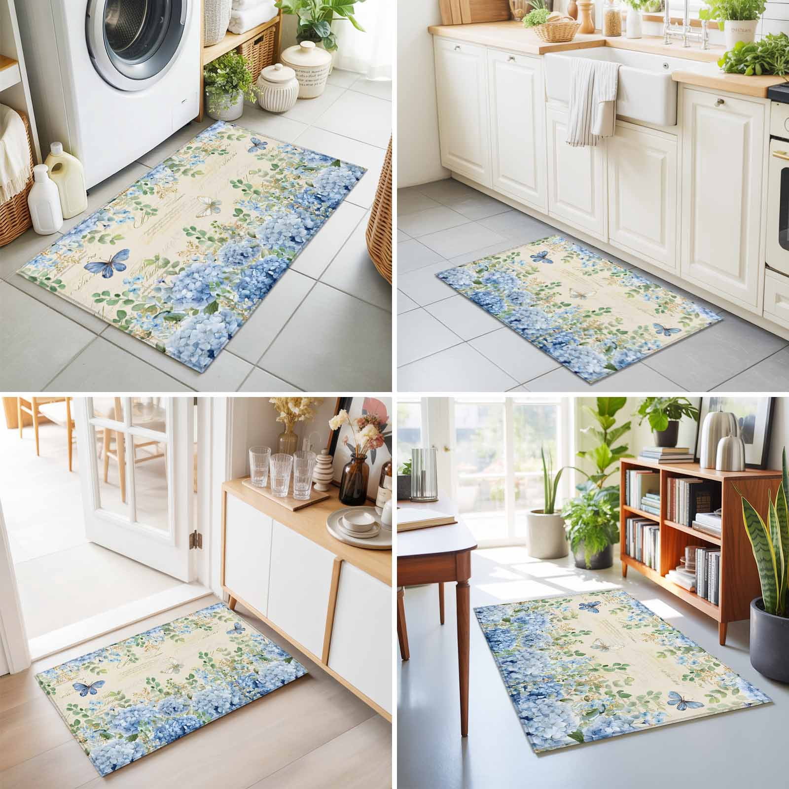 Bathroom Rugs 2x3 Ft, Blue Hydrangea Non Slip Area Rugs for Kitchen Bedroom Entryway, Spring Summer Eucalyptus Farmhouse Retro Washable Carpet Runner Rug Floor Mats for Bedroom Home Decor