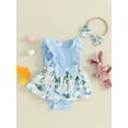 thumbnail image 3 of Suealasg 2pcs Infant Girl Easter Clothes Sets 3M 6M 12M 18M Baby Girls Summer Birthday Party Romper Dress Sleeveless Floral Print Lace Ruffle Bodysuit+Headband, 3 of 9