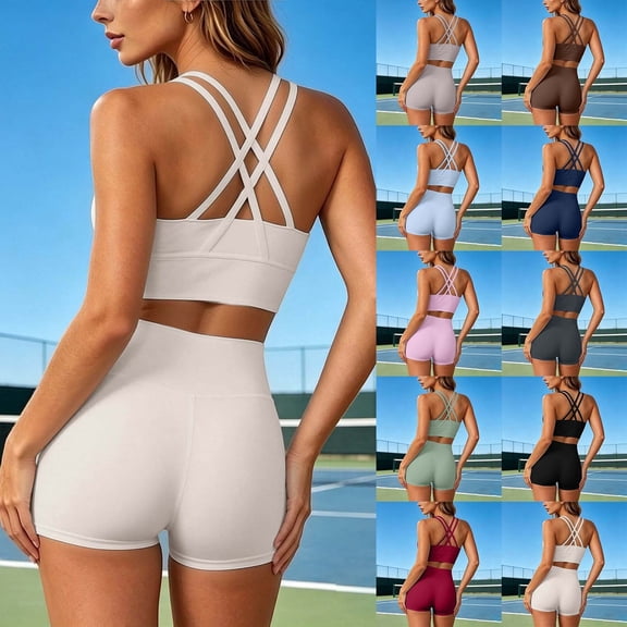 bravefron Women 2 Pieces Workout Sets Spaghetti Straps Camis High Waist Biker Shorts 2 Piece U Neck Crop Tank Top Shorts Athletic Gym Yoga Outfits Activewear