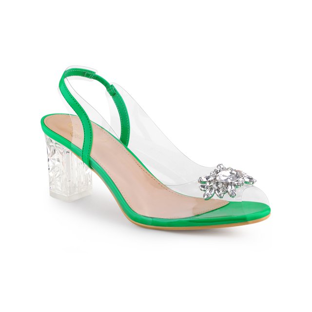 BLISSFUL STEP Women's Clear Slingback Rhinestone Peep Toe Block Heels Sandals Green (Size 10)