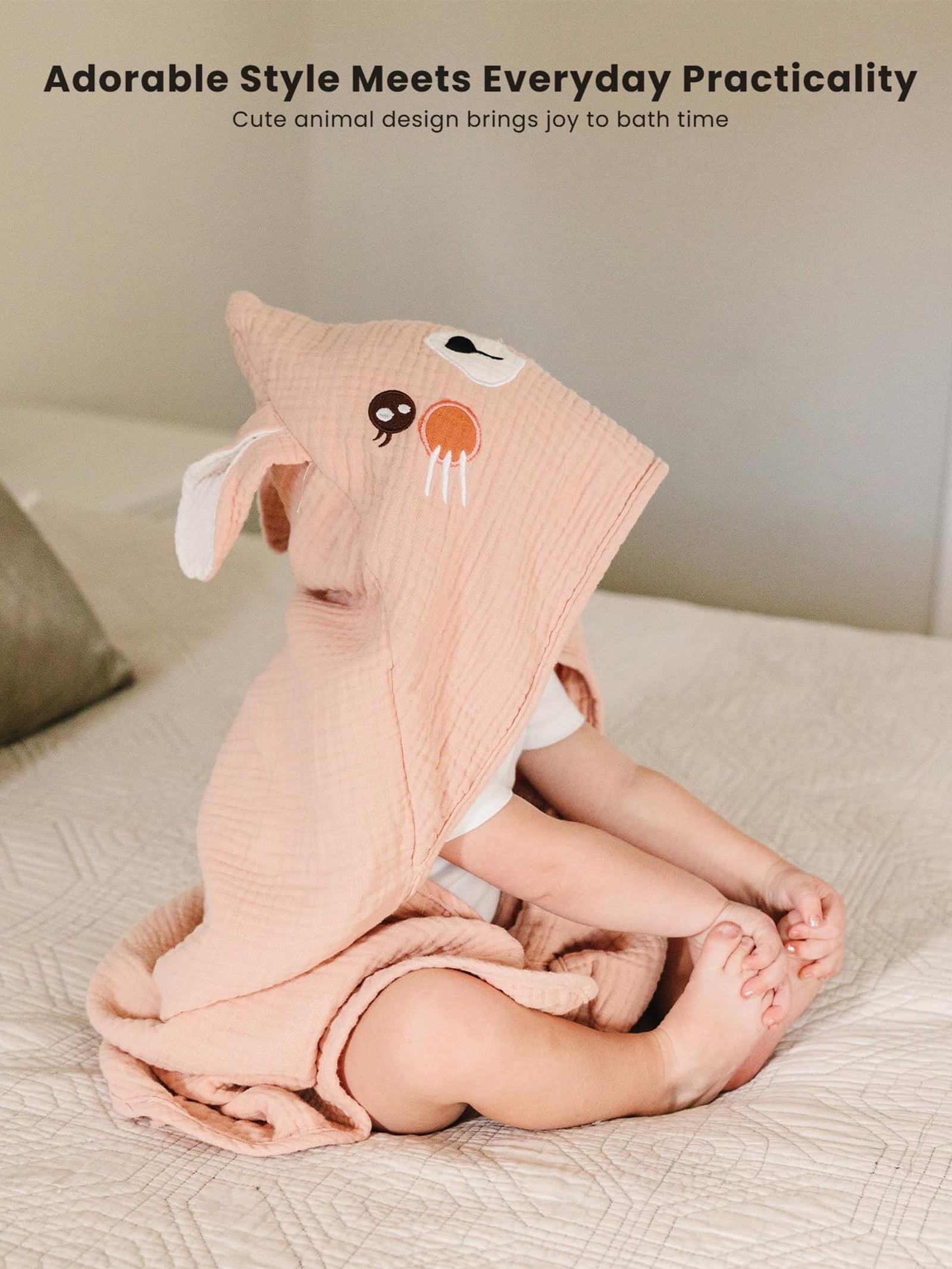 WIBACKER Baby 100% Cotton Muslin Cartoon Hooded Bath-32 x 32 Inches Towels Soft & Absorbent Bath Towel for Newborn Infant Essential Baby Gift