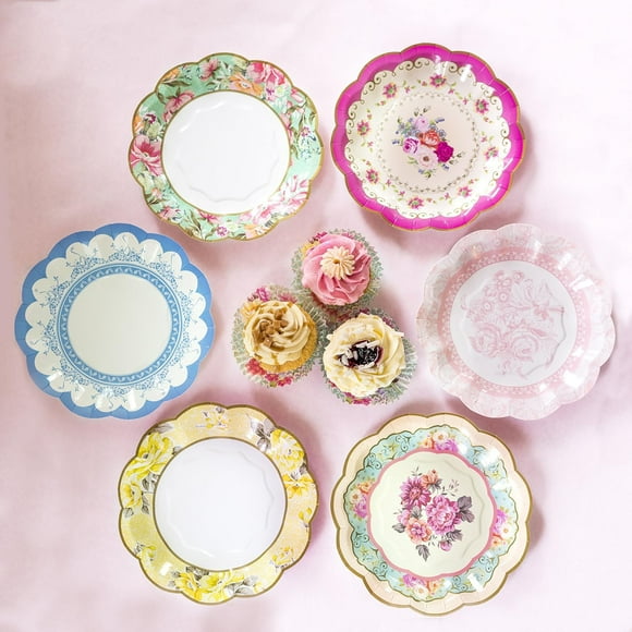 Platos de papel, mesas parlantes, bonitas flores, paquete de 24