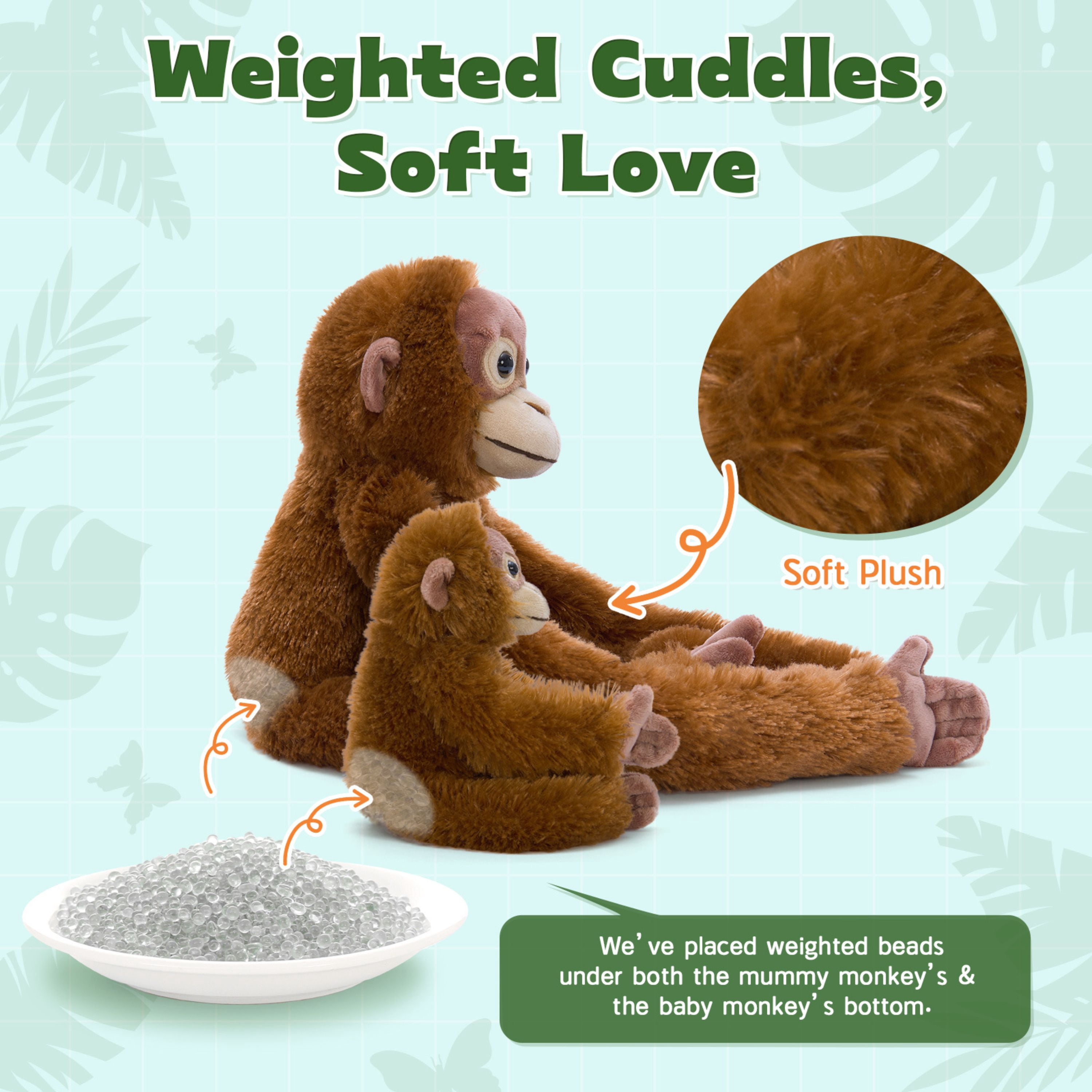 Tezituor 2pcs Hanging Monkey Stuffed Animal Weighted Stuffed Orangutan and Baby with Hook and Loop Fasteners Hangs Plush