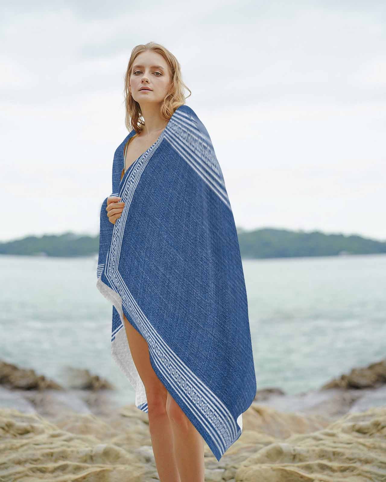 Dark Blue Retro Greek Key Beach Towels Oversized Super Absorbent, Geometric Greece Ancient Rustic Lightweight Bath Towel Quick Dry Sets For Bathroom/Pool/Rv Camping/Beach Play/Gym Room/Picnic 30"x60"