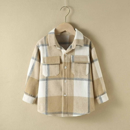 

mgdxox Boys Long Sleeve Plaid Flannel Shirt Turndown Collar Button Tops Kids Checkered Shirt Khaki 5-6 Years