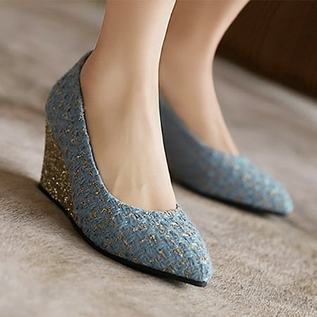 

Women Shoes Houndstooth Sequined Pointed Toe High Heel Thick Wedges Slip-on Fashion Casual