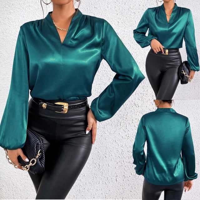 Camisetas para mujer,Blusa de mujer con cuello en V, manga larga, poliéster satinado, versátil para uso diario y en casa, sopatenor