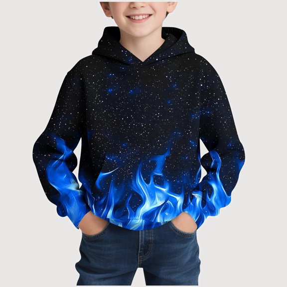 Gyujnb Youth Hoodie Galaxy Flame Print Warm Versatile Pullover for Daily Outdoor Outings (Little Boys, Big Boys),10-11 Years