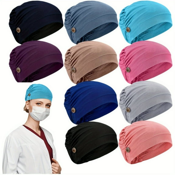 10 Pcs Soft Skullies Caps with Buttons, Nurse Caps Stretch Bouffant Hats Unisex Multicolor Headband