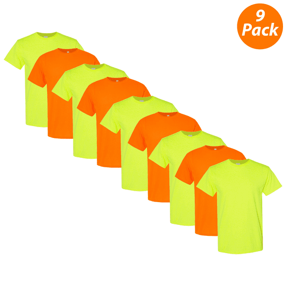 Gildan Men's Hi Vis Short Sleeve T-Shirt, 9 Pack, Durable Crew Neck Safety Green and Orange Tee, S