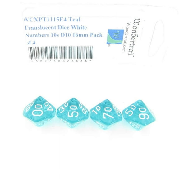 Teal Translucent Dice with White Numbers 10s D10 Aprox 16mm (5/8in) Pack of 4 Wondertrail