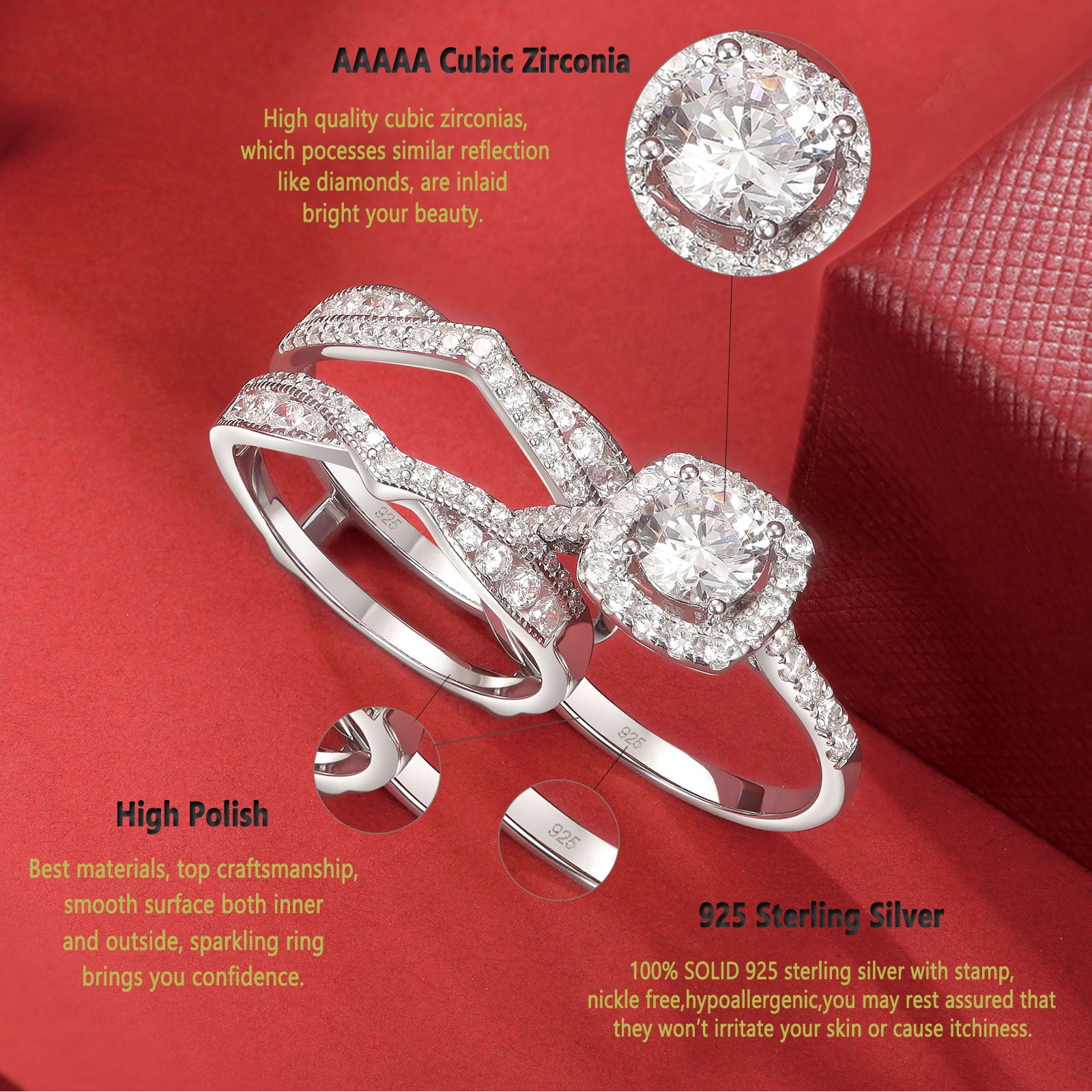 Newshe Jewellery Wedding Rings for Women AAAAA Cz Engagement Bridal Band Set 925 Sterling Silver Enhancers and Wraps Size 9