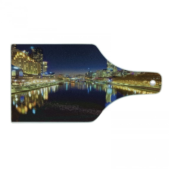 City Cutting Board, Looking down the Yarra River on a Night in Melbourne Water Reflection, Decorative Tempered Glass Cutting and Serving Board, Wine Bottle Shape, Indigo Yellow, by Ambesonne