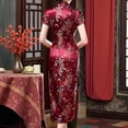 thumbnail image 4 of gcong Cheongsam Dress for Women Qipao Slim Fit Short Sleeve Bodycon Mandarin Collar Side Slit Chinese Floral Print Dragon Dress Wedding Guest Dresses for Women Dark Purple, 4 of 4