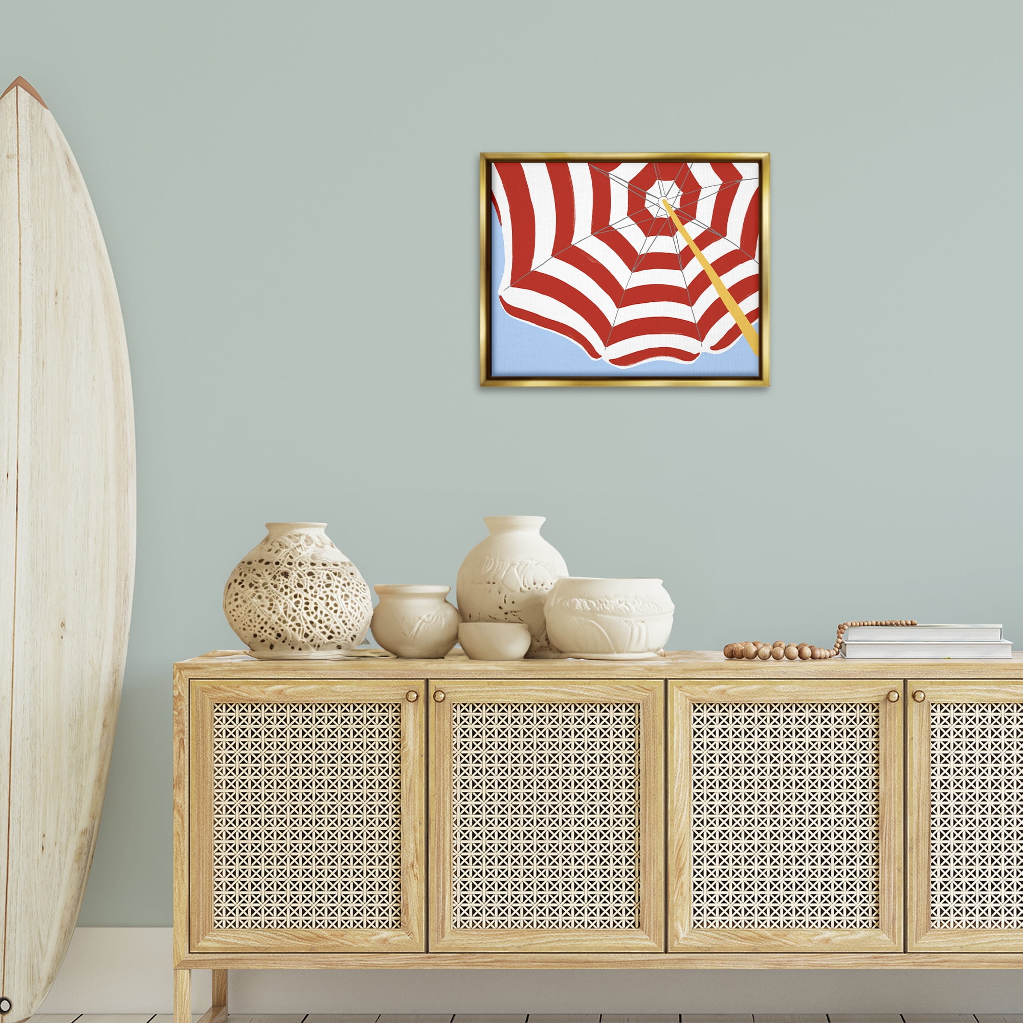 Stupell Industries Red & White Umbrella Coastal Painting Gold Floater Framed Canvas Art Print Wall Art, 21 x 17