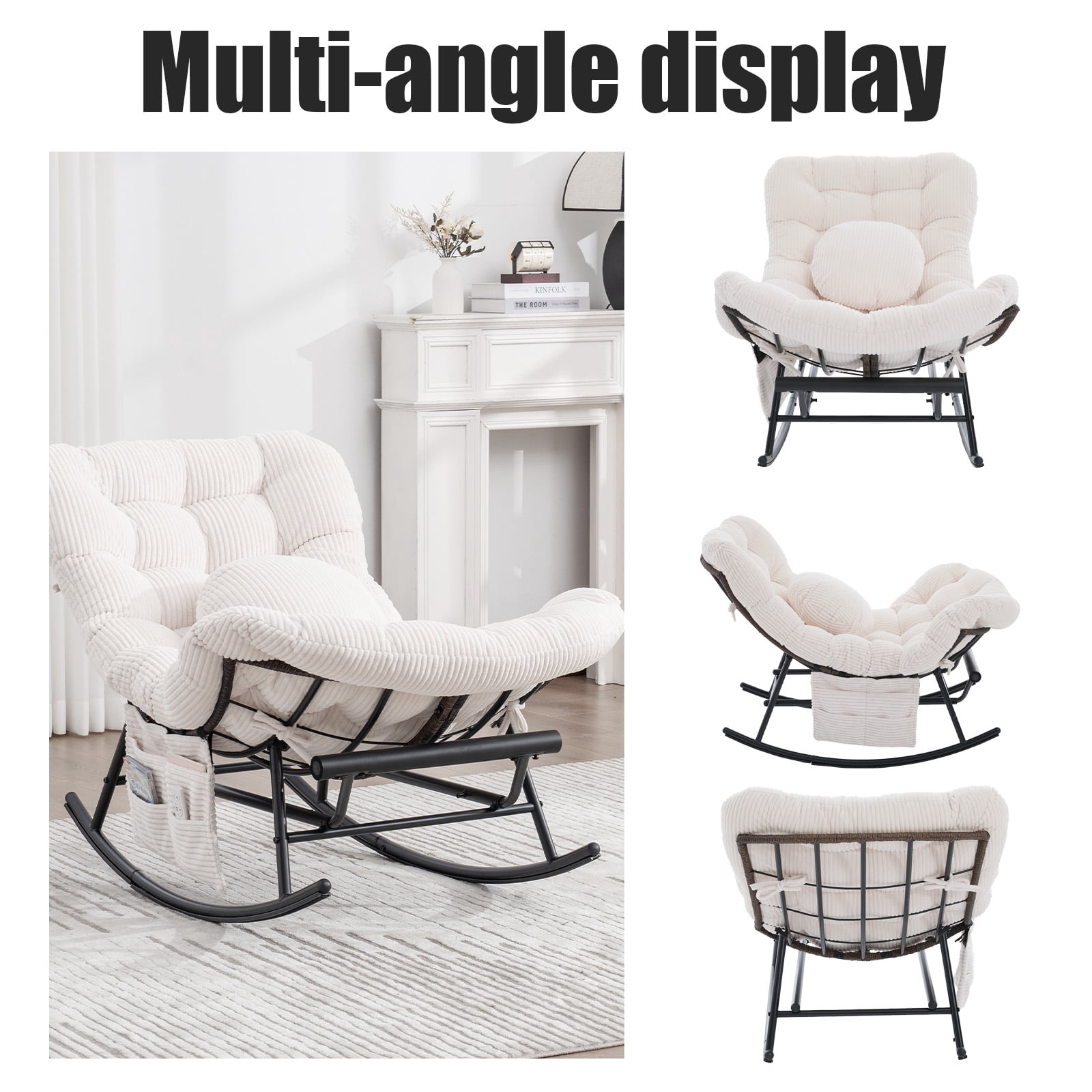 MOONMISS Rocking Chair with Thick Cushion and Footrest,Large Wicker Patio Rocker,Sturdy Steel Frame Lounge for Indoor/Outdoor