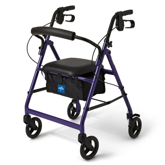 Andador con ruedas Medline de aluminio con asiento, morado, capacidad de peso de 113 kg, ligero, ruedas de 15 cm, plegable, asas ajustables, andador con ruedas para personas mayores