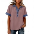 thumbnail image 5 of Women's Classic Loose Fit Polo Shirts Trendy Short Sleeve Denim Trim Half Button Casual Summer Tops Light pink XXL, 5 of 5