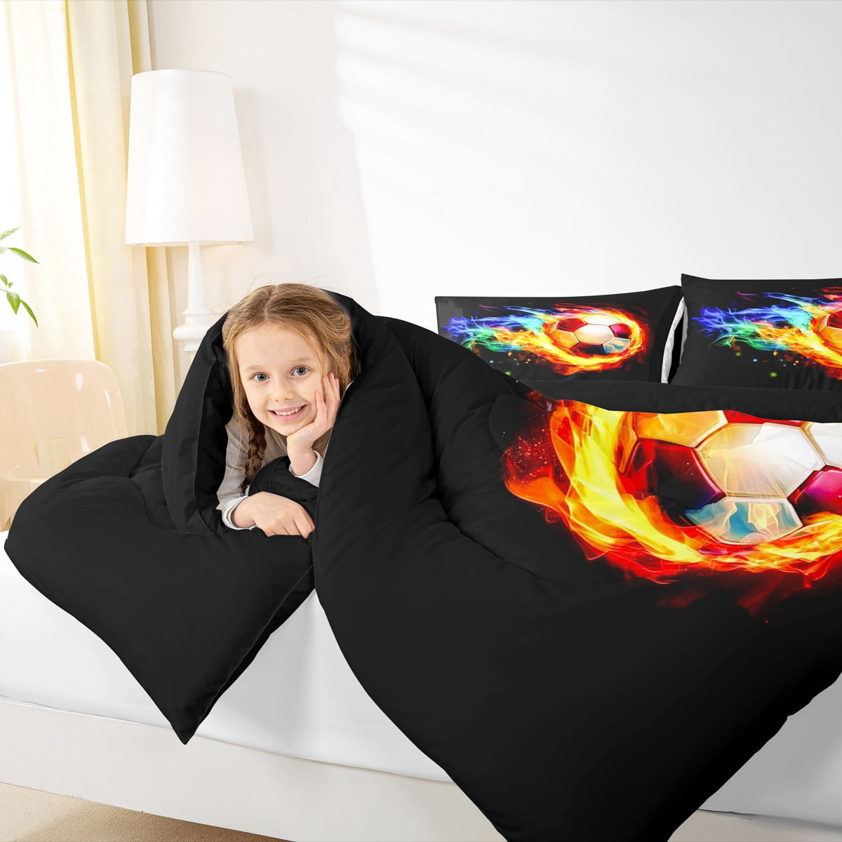 jejeloiu Sports Football Queen Comforter Set,Soccer Game Bedding Sets,Colorful Flame Bedding Comforter Set For Children,Super Cozy Bedroom Decor Reversible,3 Pieces