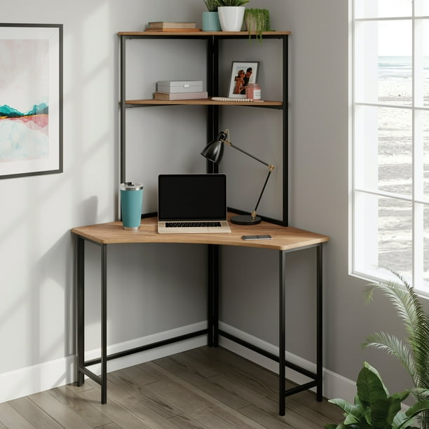 Escritorio Esquinero Sauder Base Metal 167cm x 120 cm con 3 Niveles Home Office Color Café