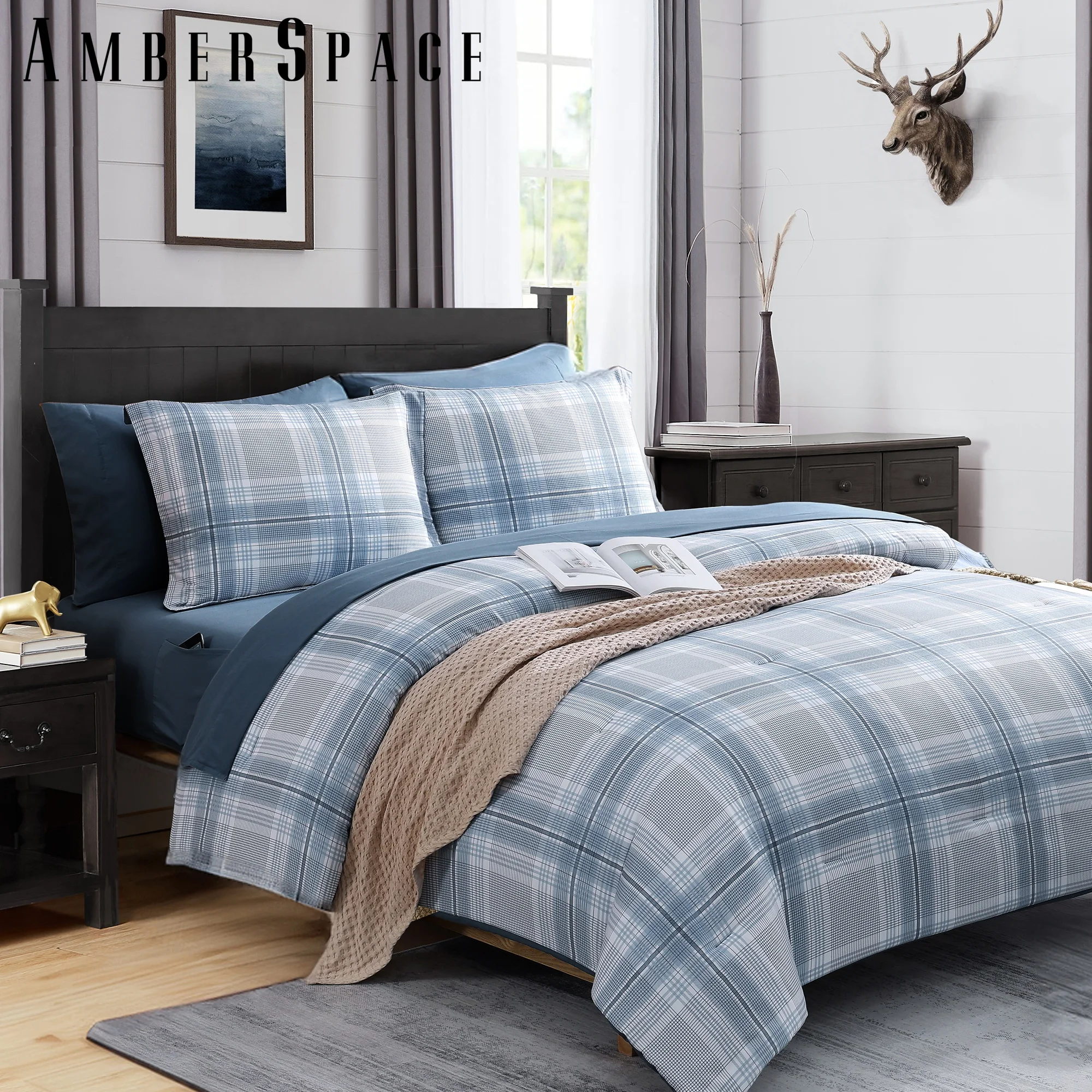 Amberspace Reversible Checkered 7-piece Bed in a Bag Comforter Set with Sheets,Light Blue,Full