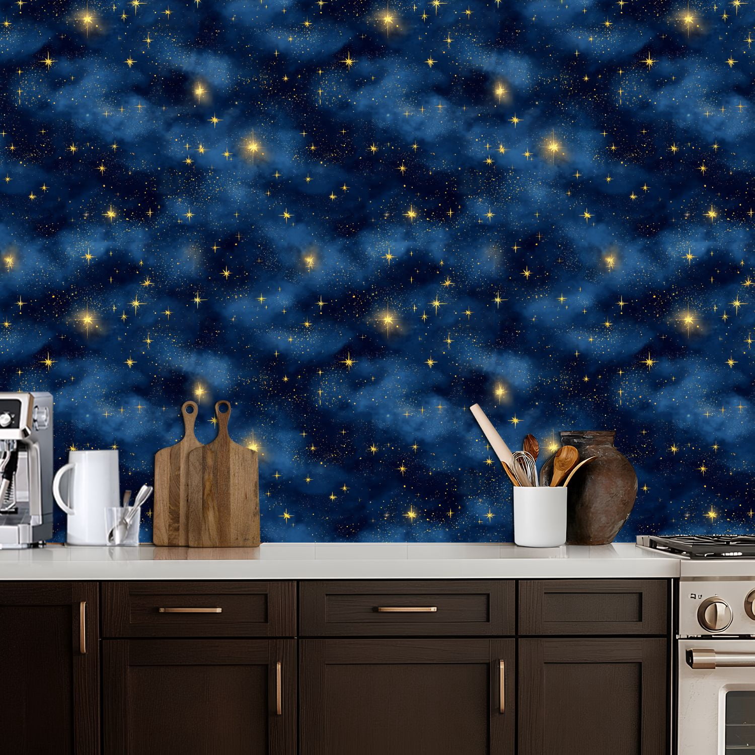 Peel and Stick Wallpaper Starry Night Sky Glowing Golden Stars Blue Nebula Clouds Wall Mural 17.7in x 9.8ft Self Adhesive Removable Wall Paper Renter Friendly Wallpaper for Nursery Bedroom